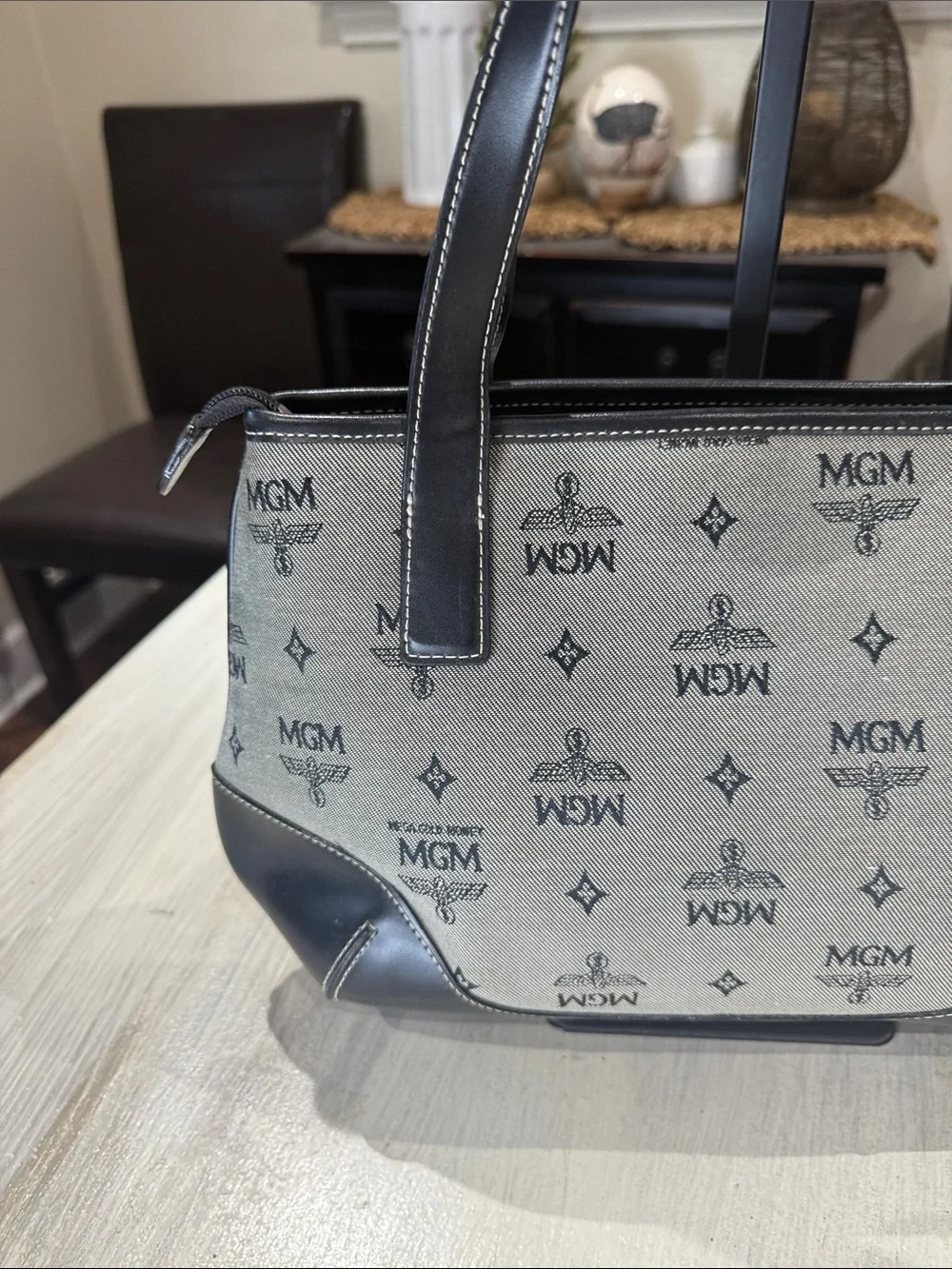 MGM Beige Canvas and Black Leather Messenger Tote